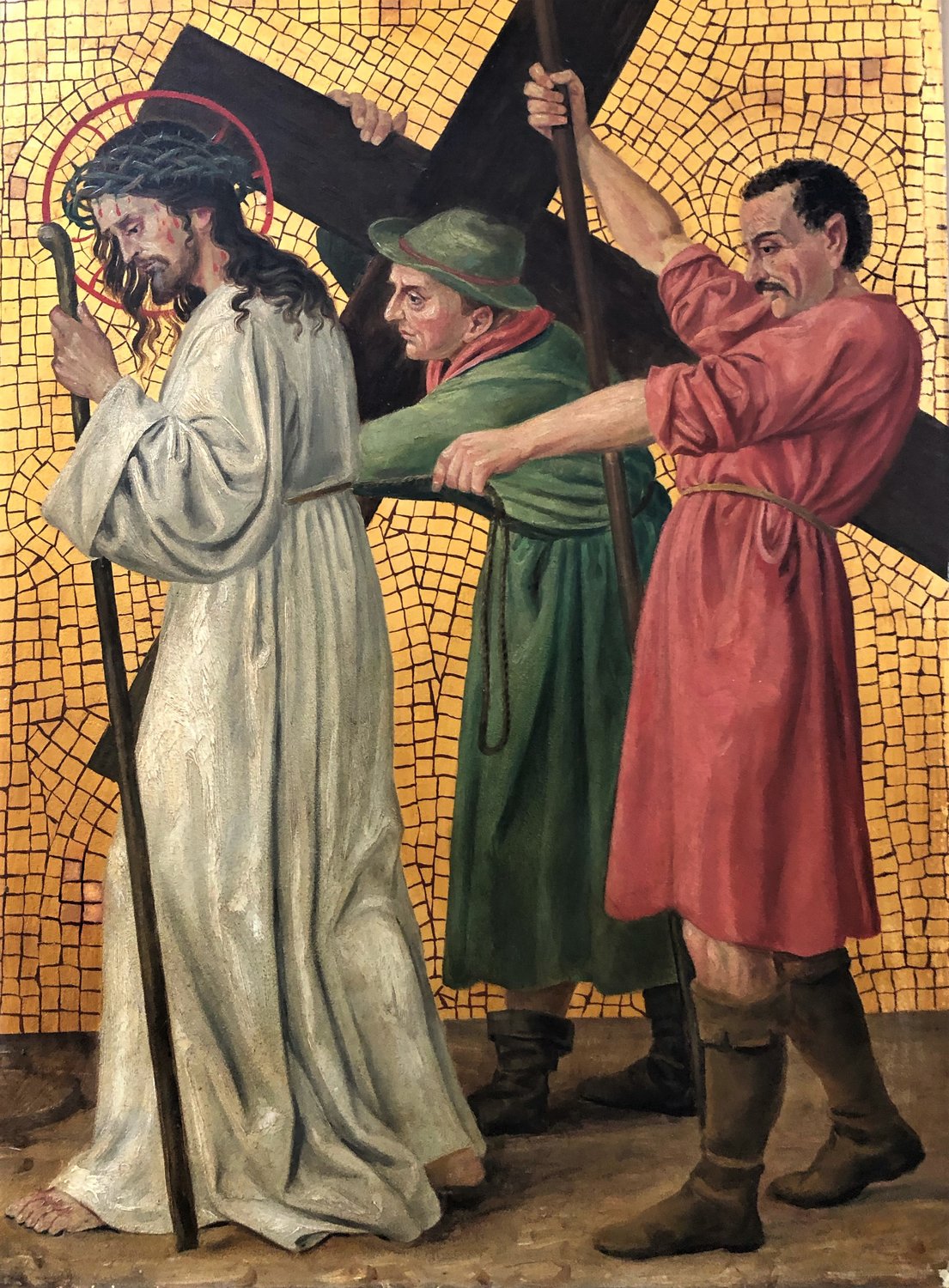 The Fifth Station: “Simon of Cyrene Helps Jesus Carry His Cross,” an oil painting on copper, is one of 14 Stations undergoing restoration in order to be placed in the Cathedral of St. Joseph in Jefferson City as part of a substantial renovation. The Stations are from a now-closed Catholic church near Marion, Ohio.